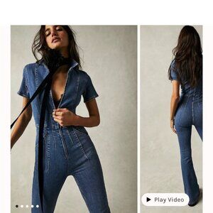 new WE THE FREE JAYDE DENIM JUMPSUIT PLAYSUIT DARK DENIM XL